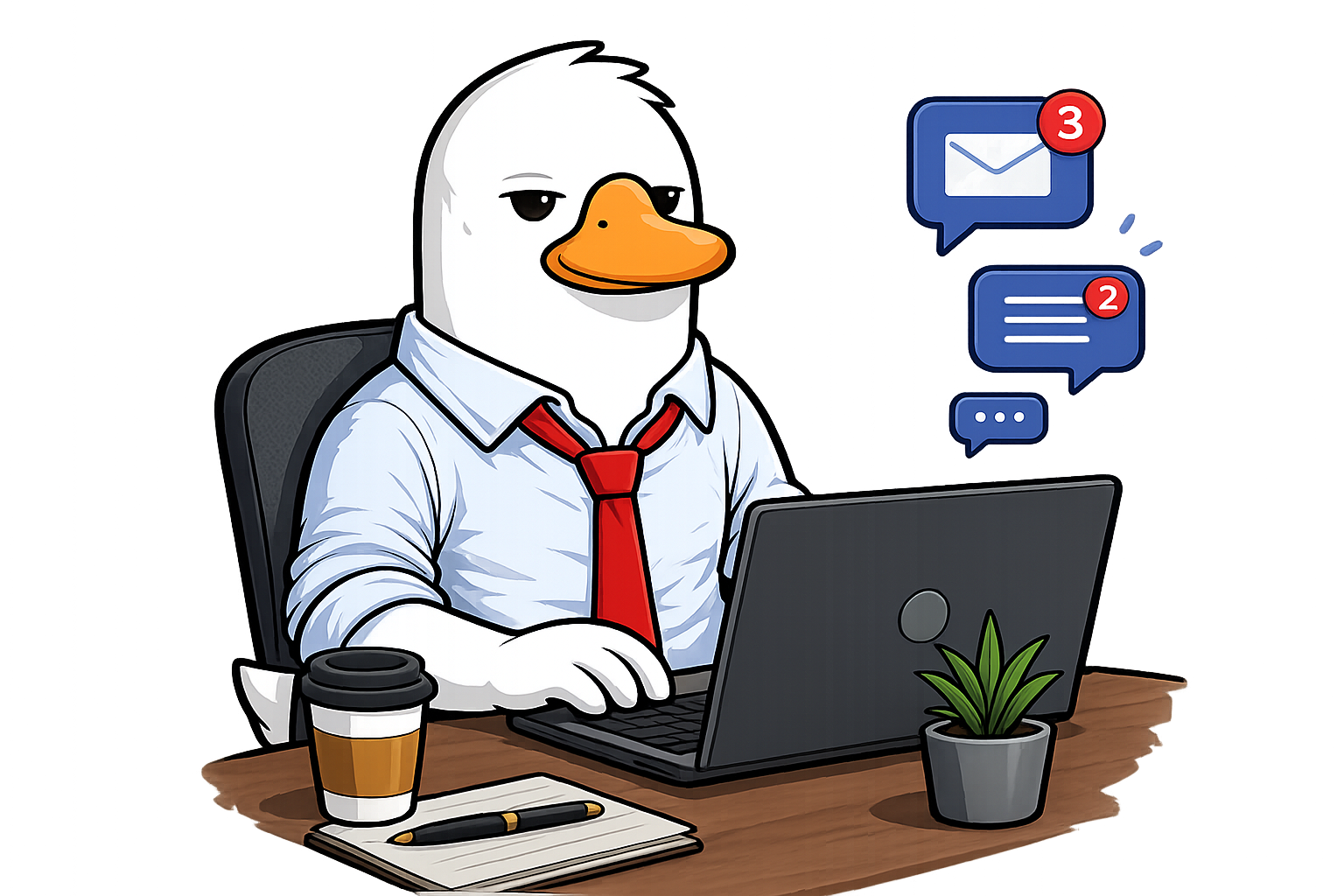 Duck character at laptop with email notification illustration