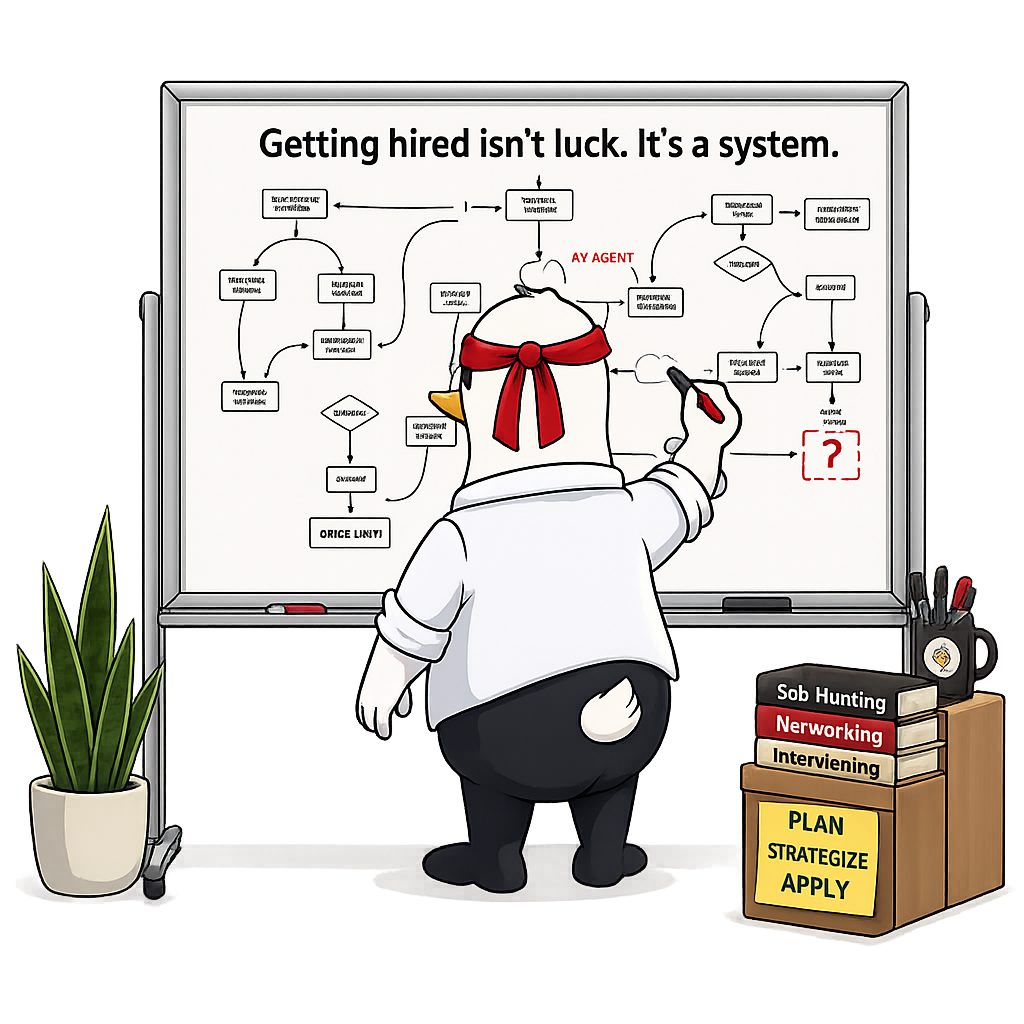 Duck character looking at whiteboard with job search flowchart